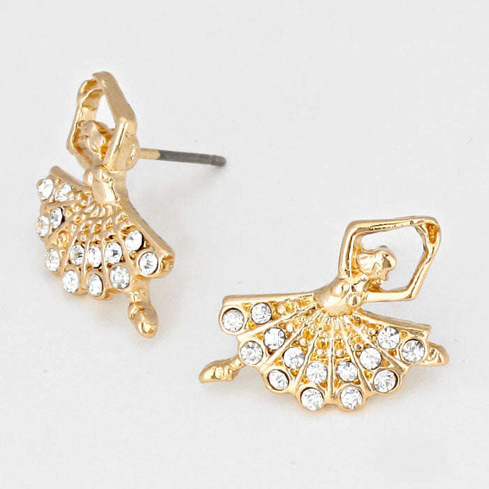 Gold Crystal Accented Ballerina Stud Earrings