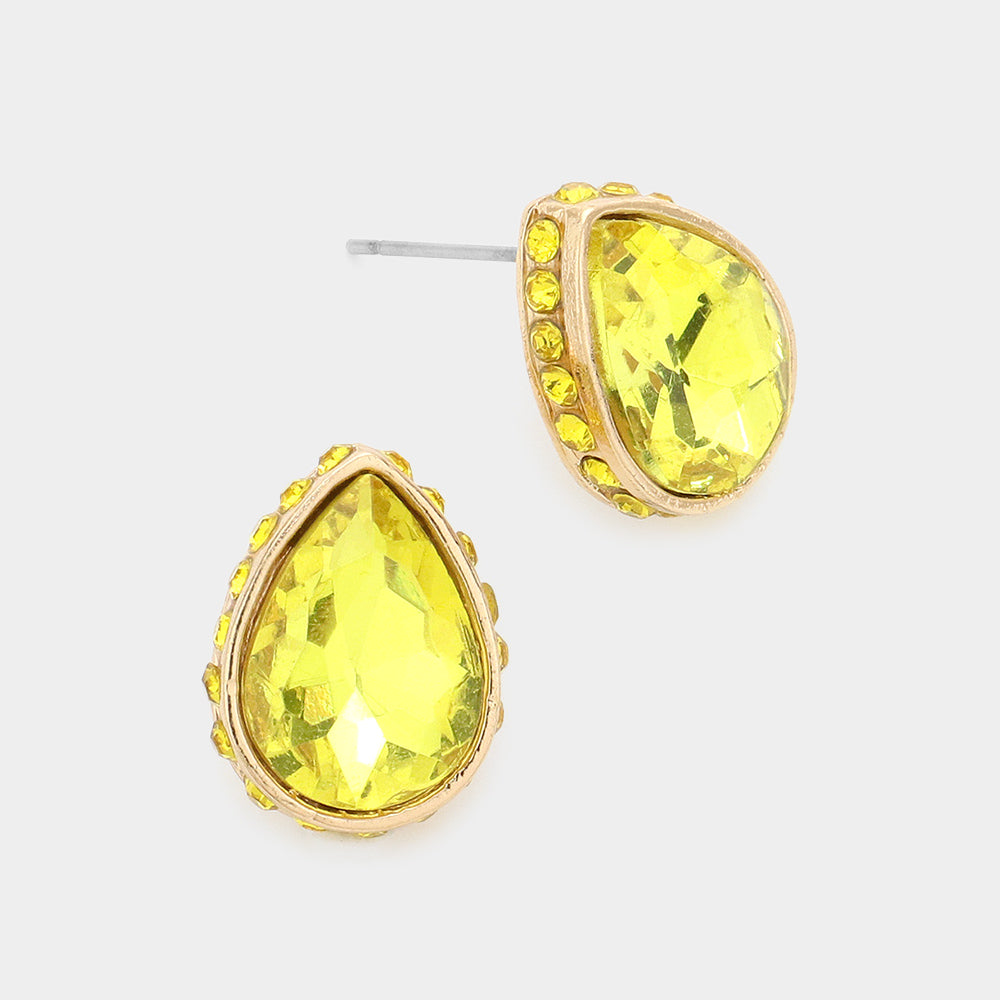 Yellow Rhinestone Trimmed Teardrop Stone Evening Stud Earrings