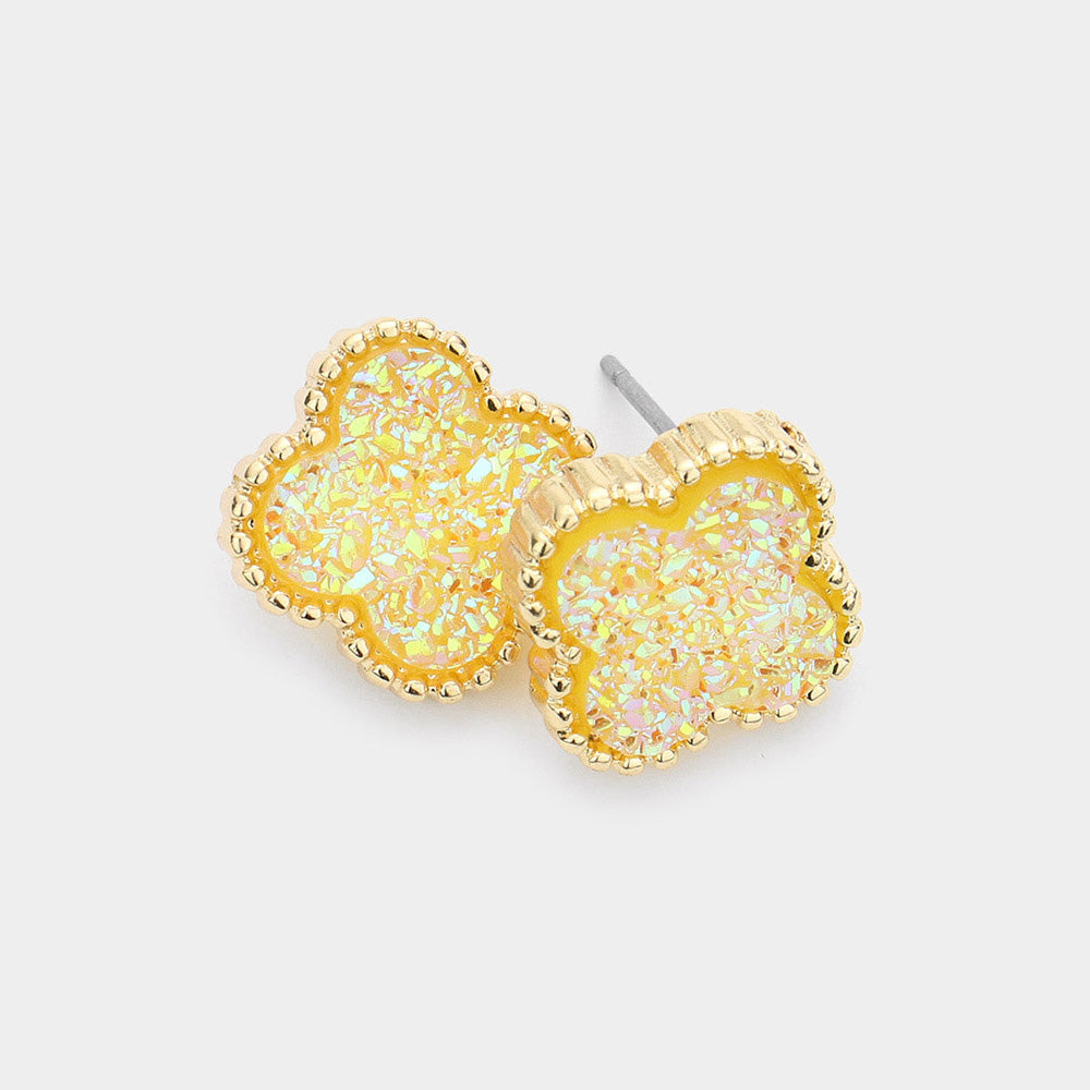 Yellow Druzy Quatrefoil Stud Earrings