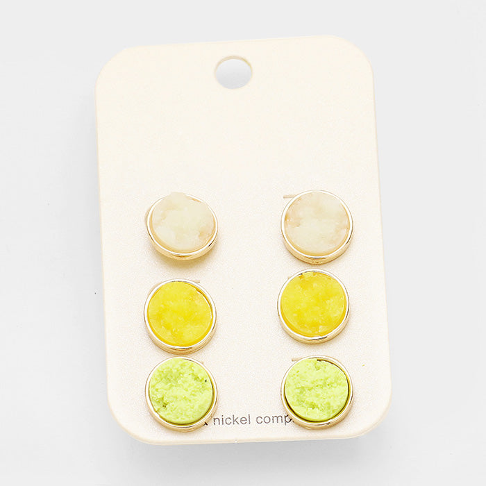 Yellow 3Pairs Authentic Druzy Stud Earrings