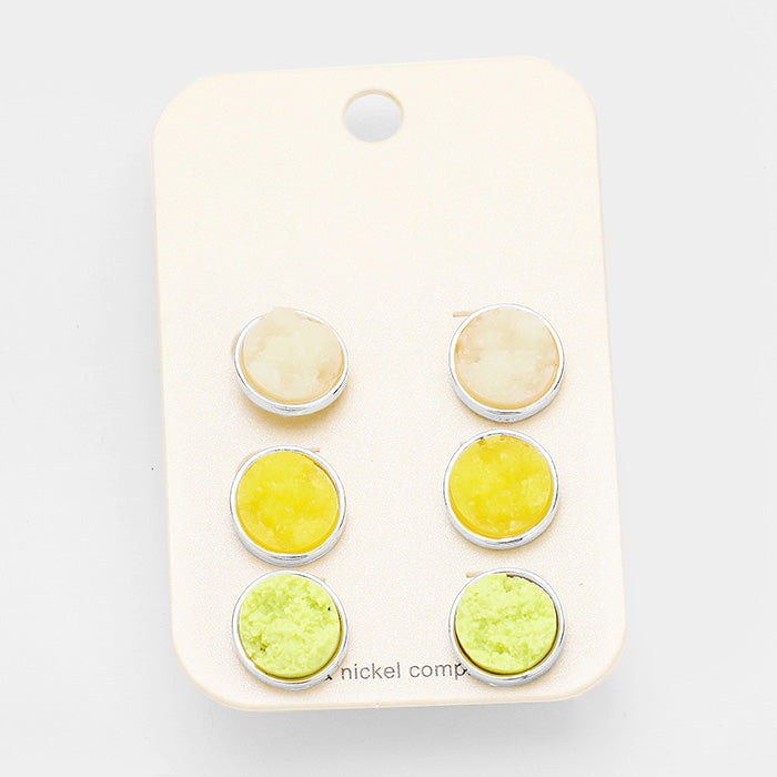 Yellow 3Pairs Authentic Druzy Stud Earrings