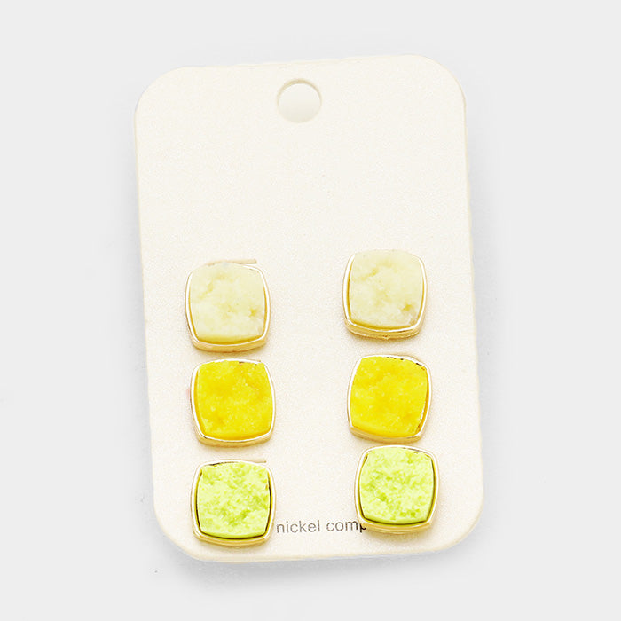 Yellow 3Pairs Genuine Druzy Square Stud Earrings