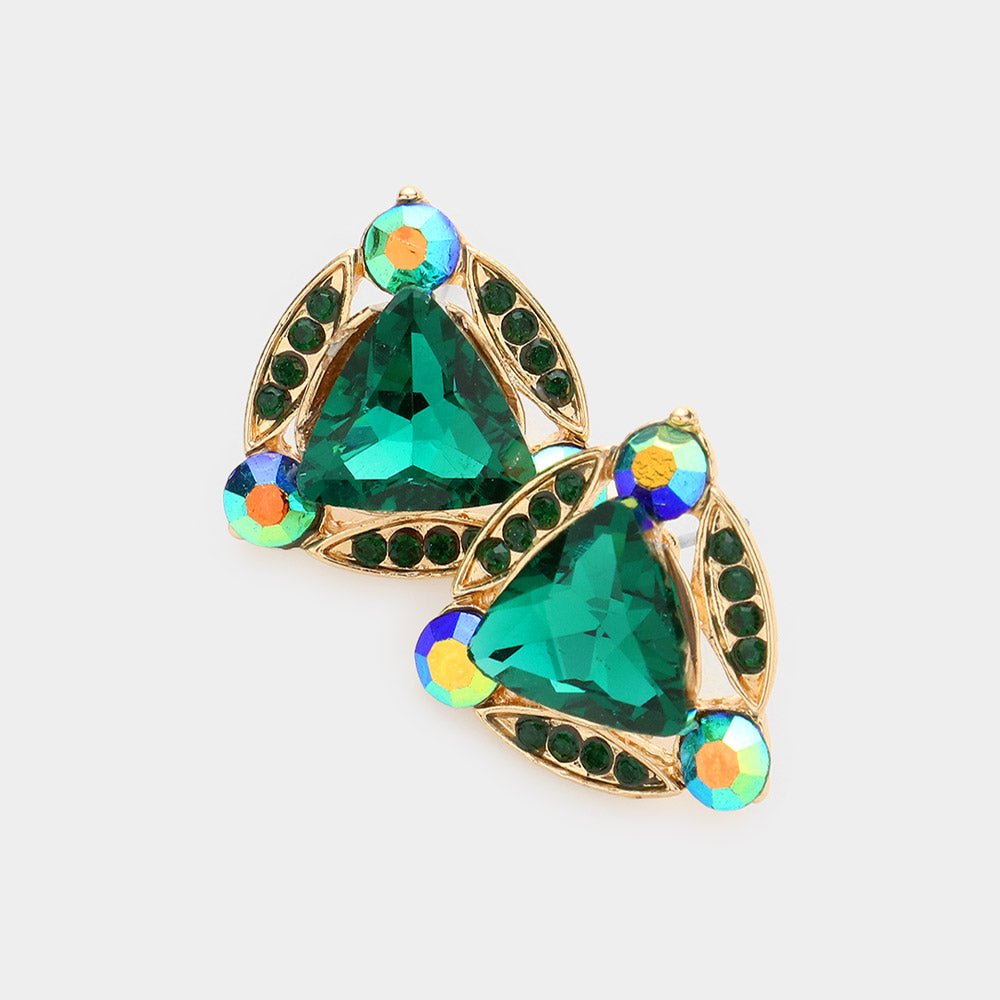 Emerald Crystal Rhinestone Trim Evening Stud Earrings
