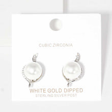 Load image into Gallery viewer, White White Gold Dipped CZ Pearl Stud Earrings
