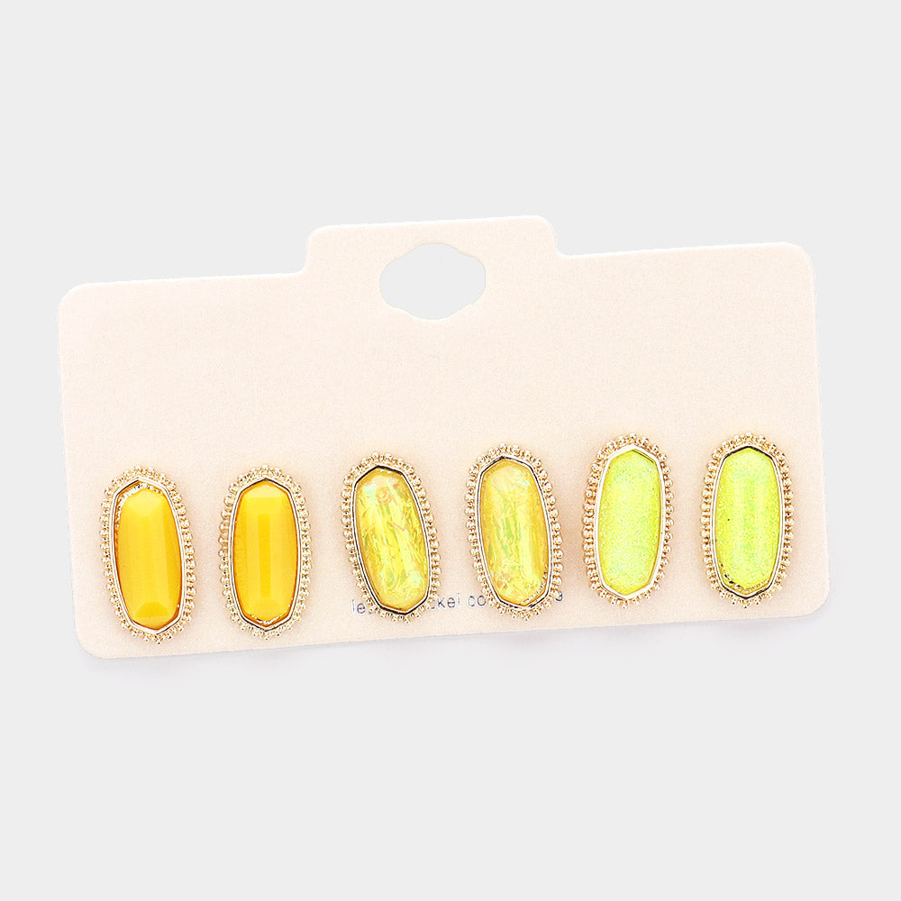 Yellow 3Pairs - Gold Trim Hexagon Bead Stud Earrings