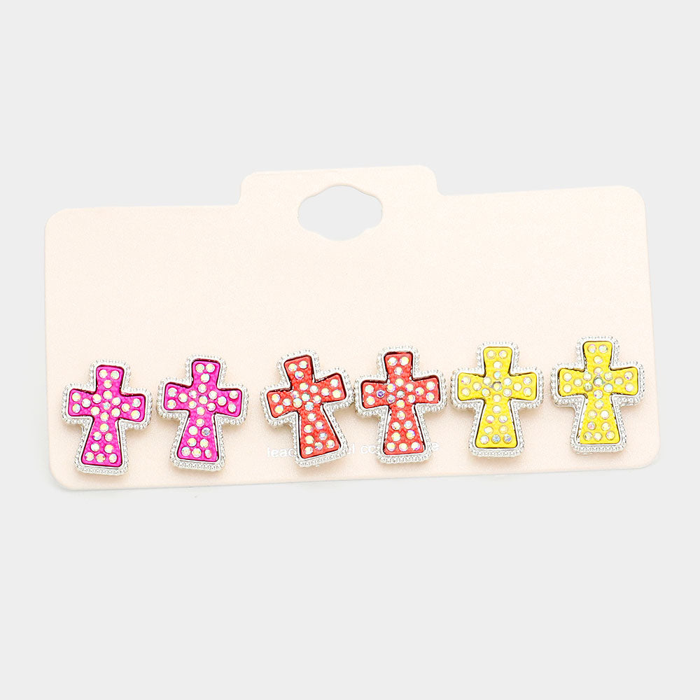 3Pairs - Rhinestone Embellished Cross Stud Earrings