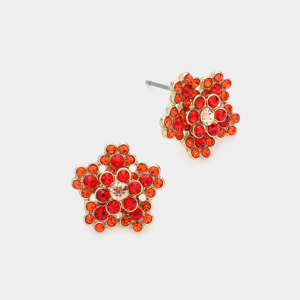 Orange Rhinestone Flower Stud Earrings