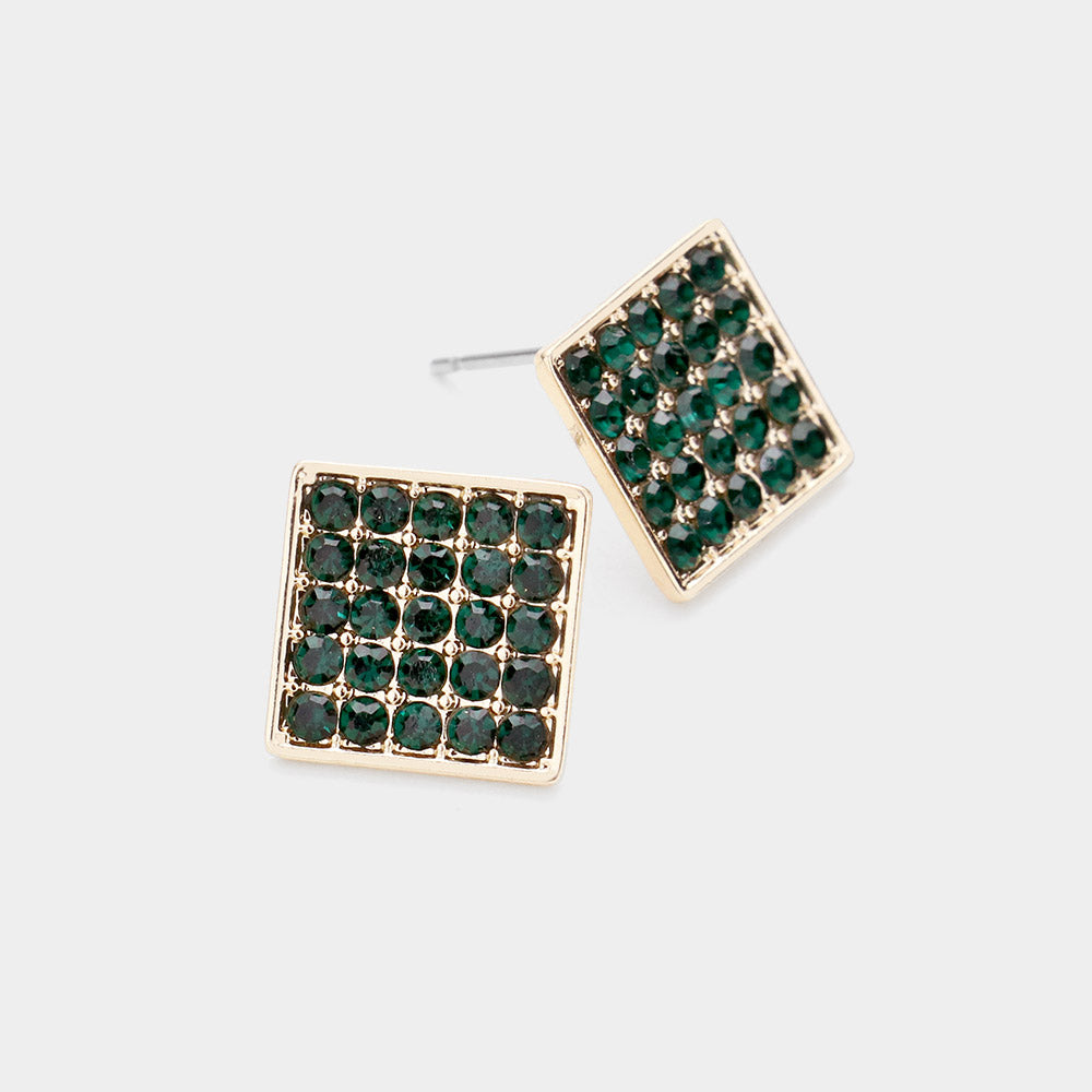 Emerald Rhinestone Embellished Square Stud Earrings