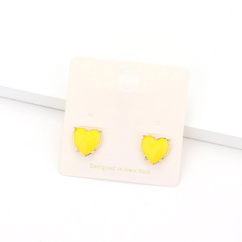 Yellow Enamel Heart Stud Earrings