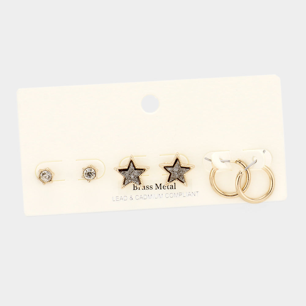 Hematite 3Pairs - Brass Metal Round Stone Druzy Star Hoop Earrings