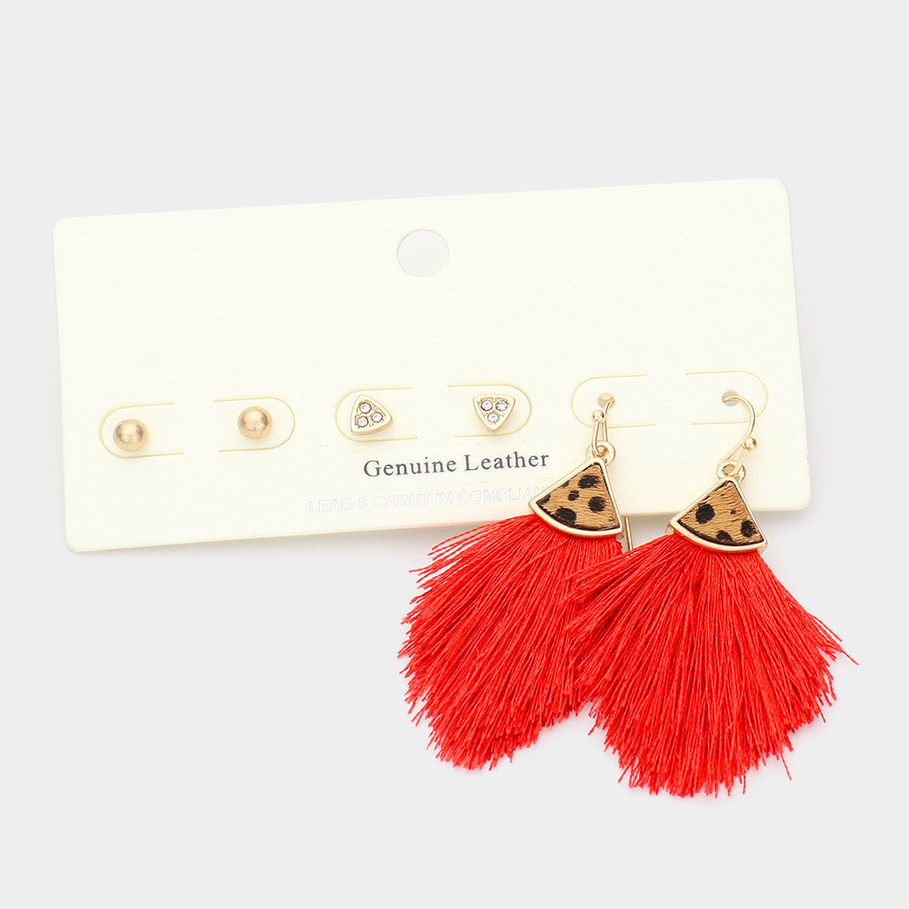 Red 3Pairs - Metal Ball Rhinestone Triangle Fan Shaped Cheetah Patterned Genuine Leather Tassel Fringe Earrings