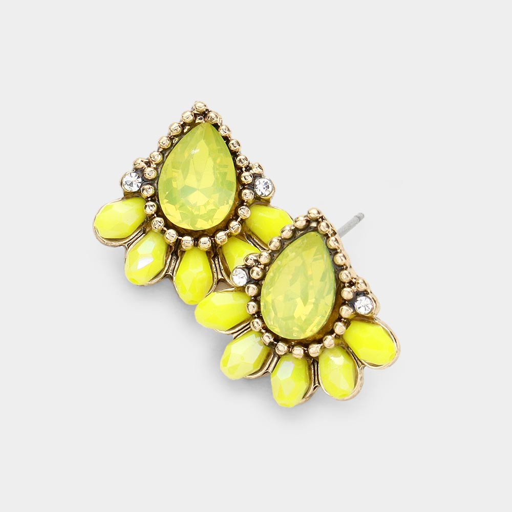 Yellow Teardrop Stone Accented Bead Detail Stud Earrings