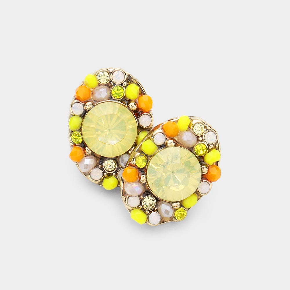 Yellow Multi Stone Cluster Oval Stud Earrings