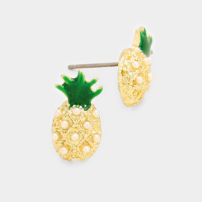 White Pearl enamel pineapple stud earrings