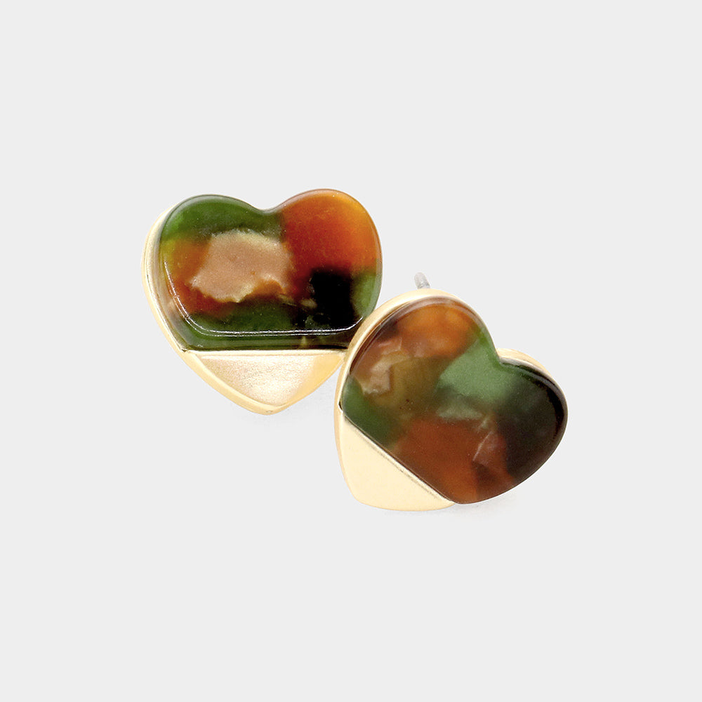Green Celluloid Acetate Heart Stud Earrings