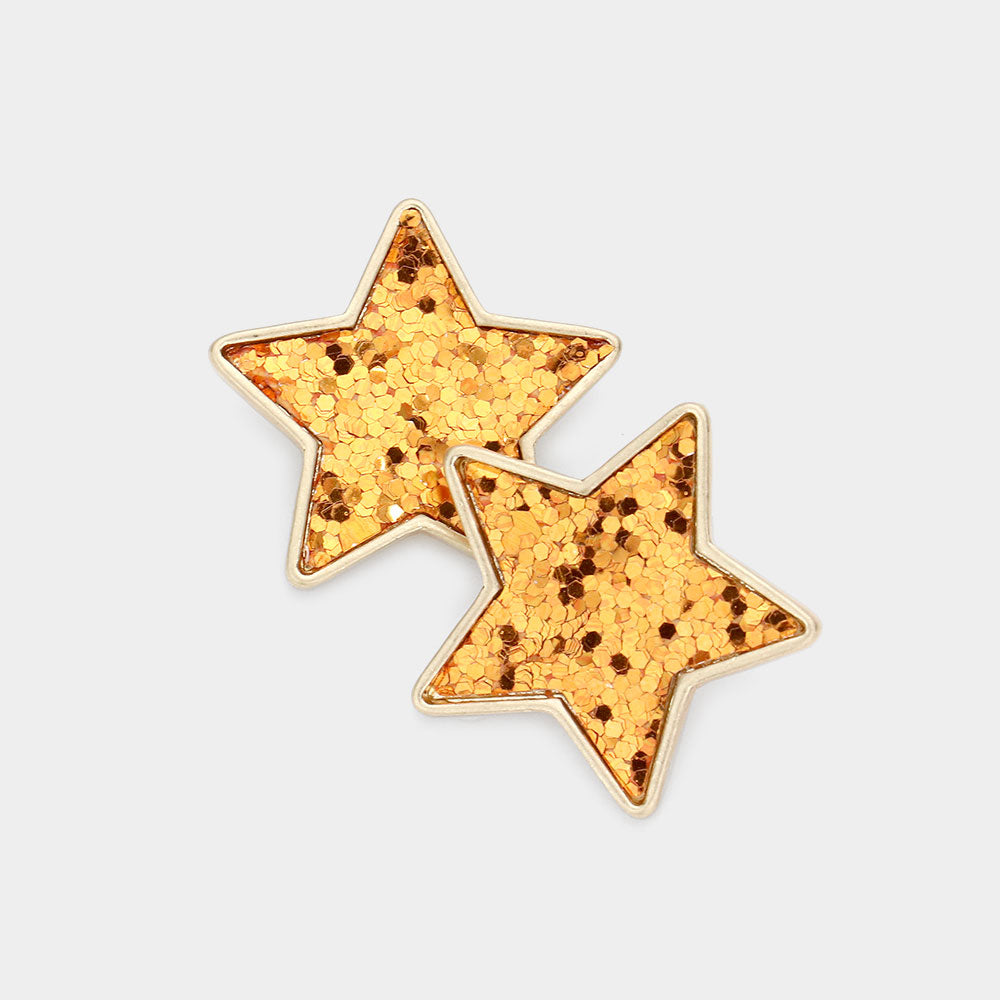 Orange Glittered Star Stud Earrings