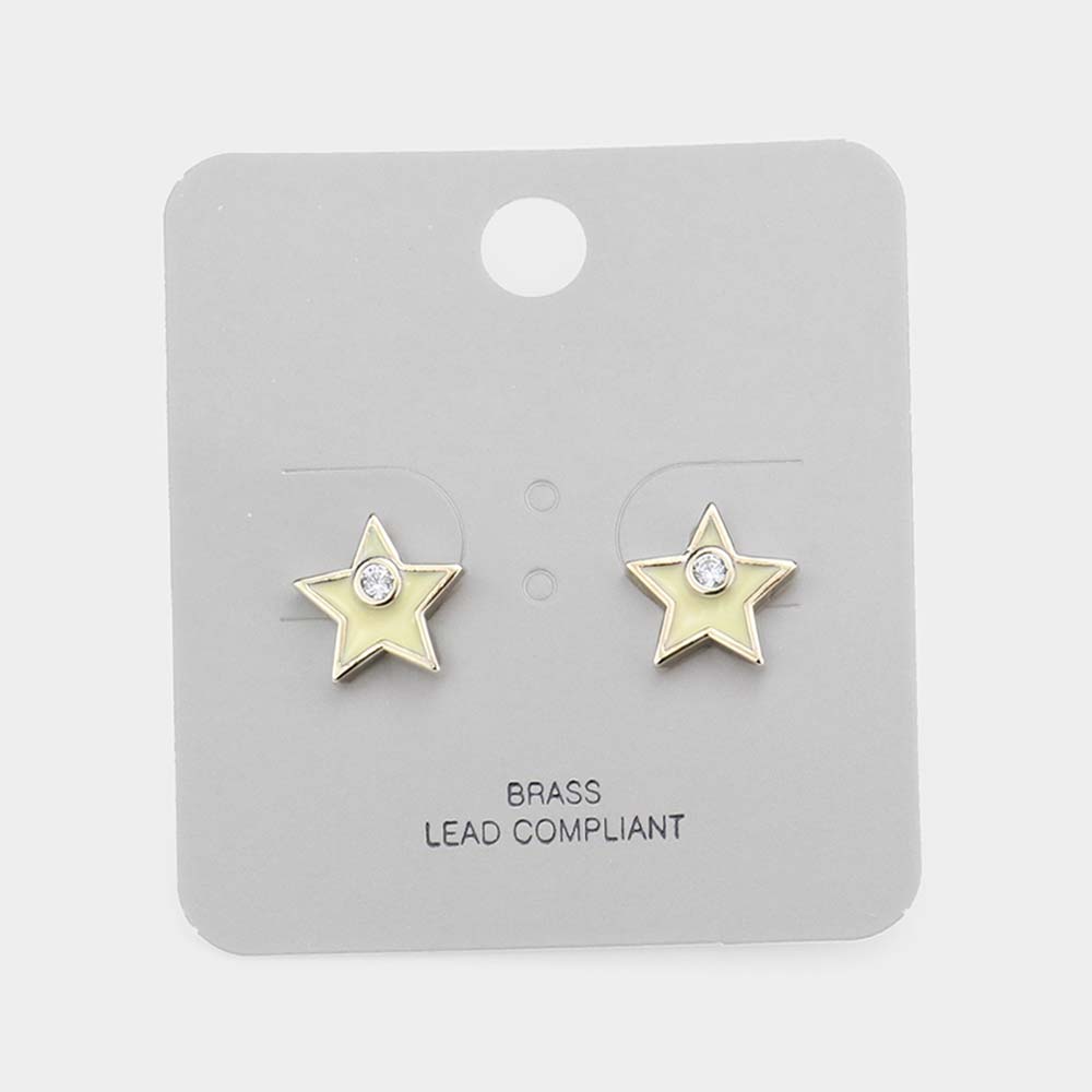 Yellow Brass Metal Rhinestone Star Stud Earrings