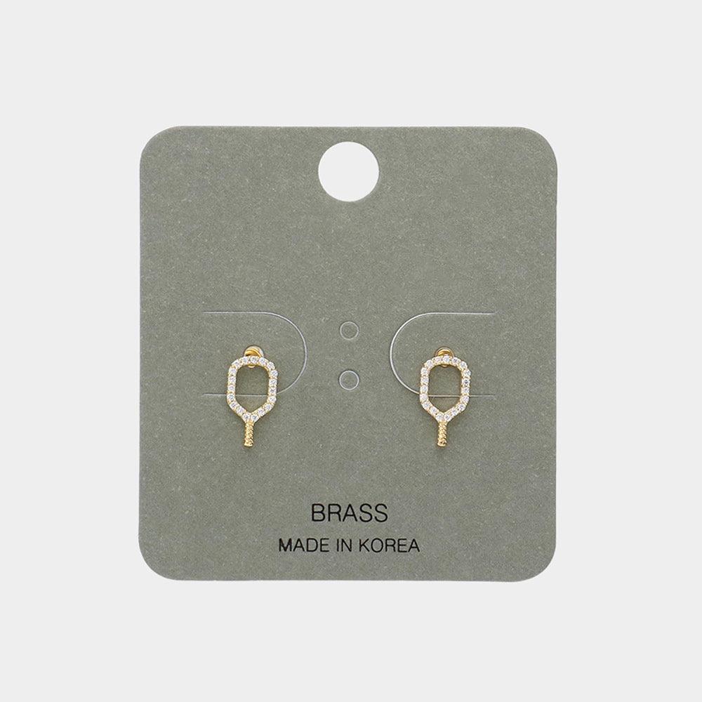 Gold Brass Metal Pickleball Paddle Stud Earrings