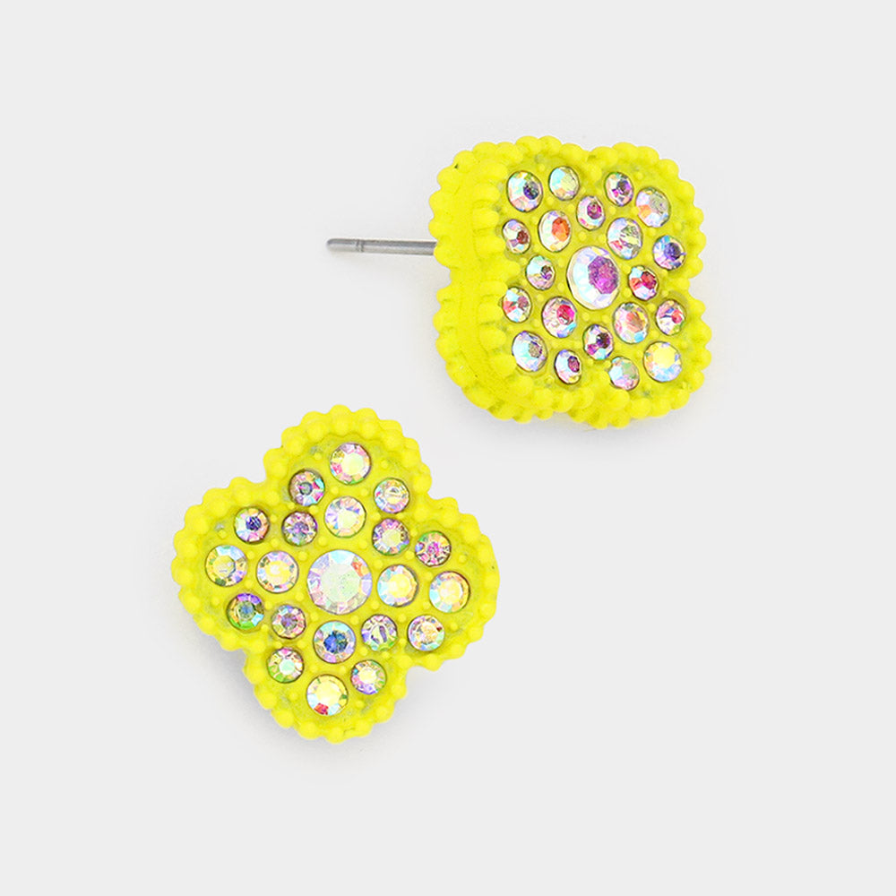 Yellow Stone Embellished Quatrefoil Stud Earrings