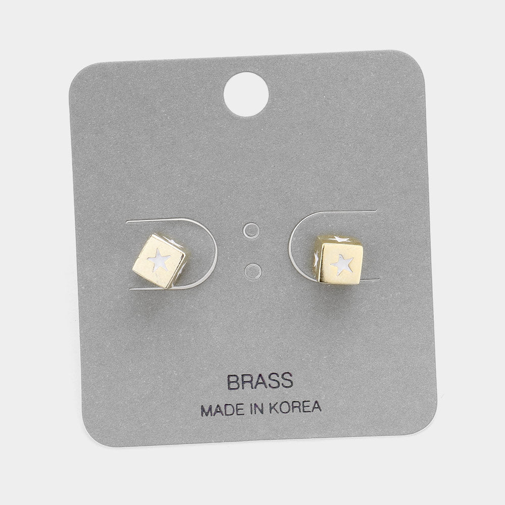 White Star Accented Brass Metal Dice Stud Earrings