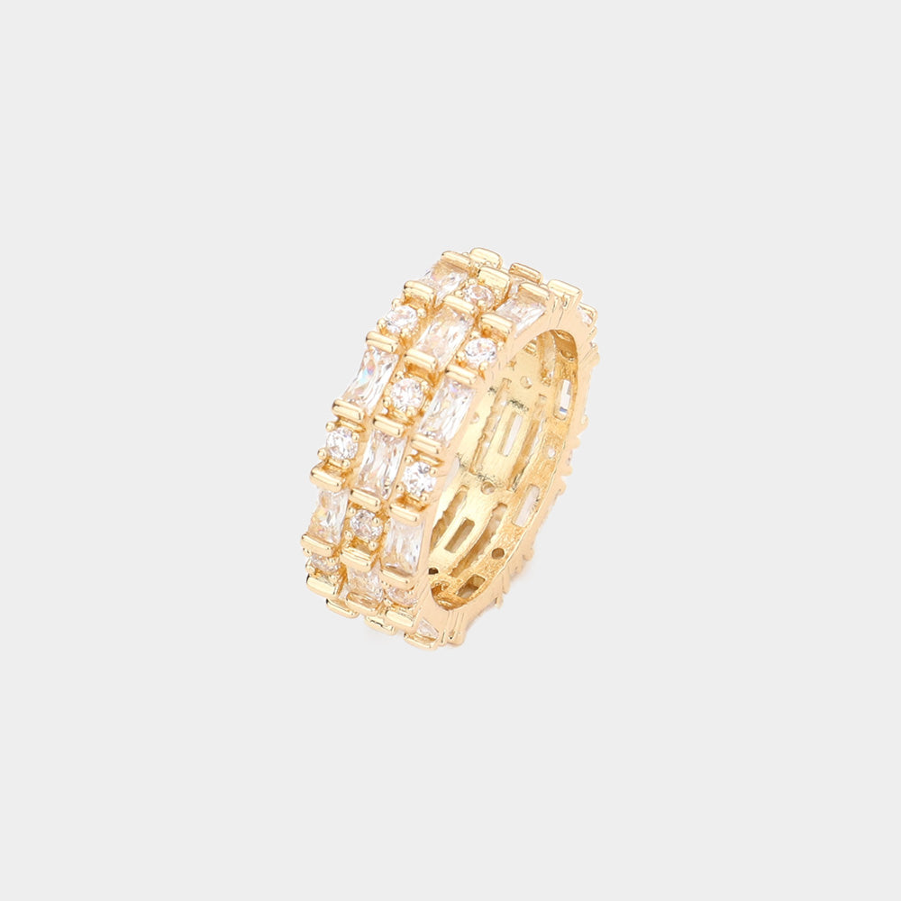 Gold CZ Round Emerald Cut Stone Round Ring