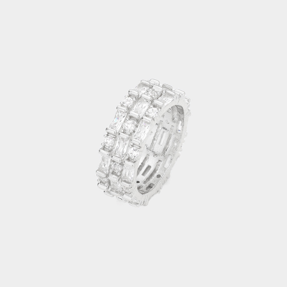 Silver CZ Round Emerald Cut Stone Round Ring