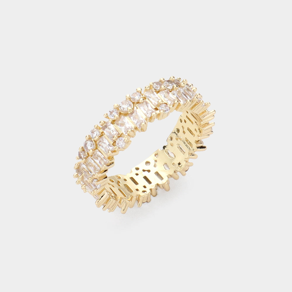 Gold Baguette Round CZ Stone Eternity Ring