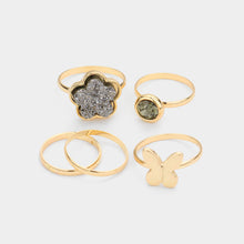 Load image into Gallery viewer, Hematite 5PCS  Round Stone Metal Butterfly Druzy Flower Mixed Rings
