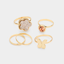 Load image into Gallery viewer, Rose Gold 5PCS  Round Stone Metal Butterfly Druzy Flower Mixed Rings
