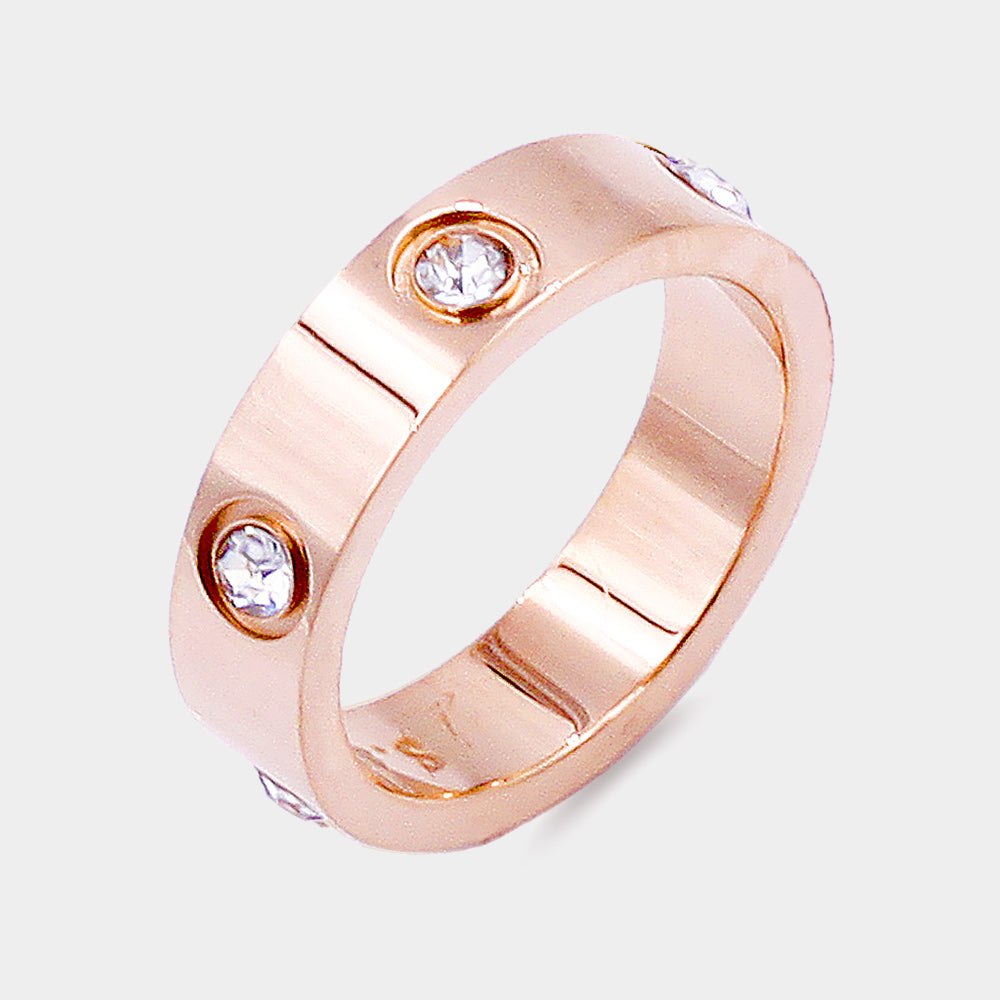 Rose Gold Stone Embellished Stainless Steel Band Ring