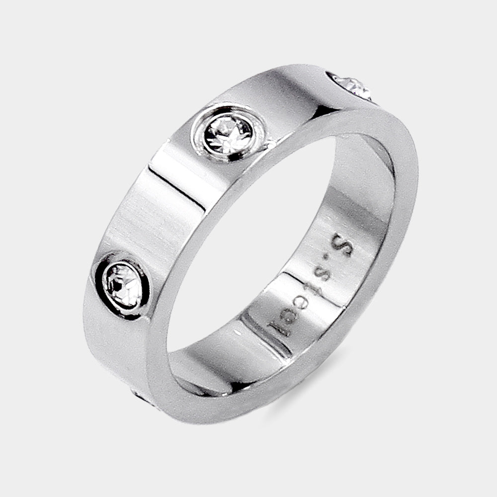 Silver Stone Embellished Stainless Steel Band Ring