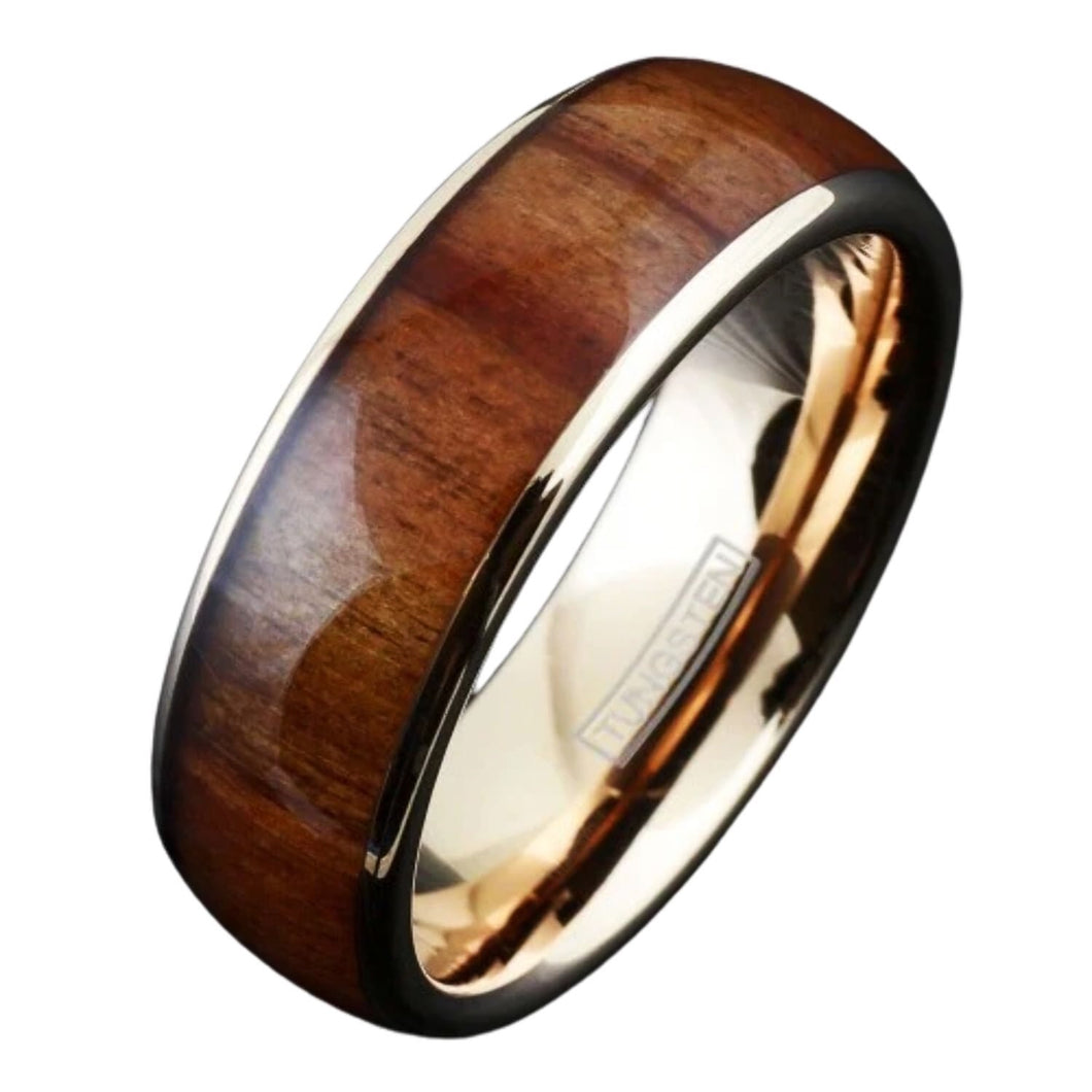 Men's Wedding Band Ring - Rose Gold & Brown Wood - Unisex Wedding Ring for Men & Women