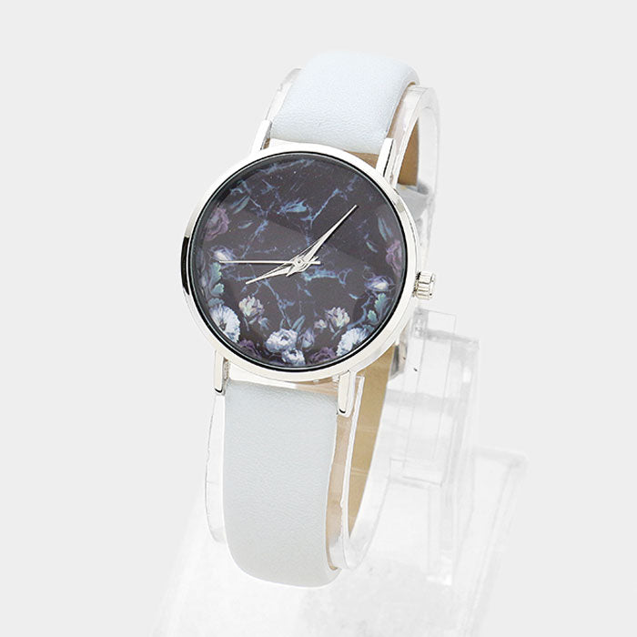 Gray Floral Print Round Dial Faux Leather Strap Watch