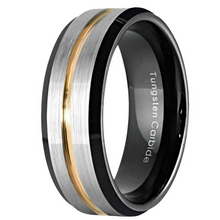 Load image into Gallery viewer, Mens Wedding Band 6mm Silver Brushed Black Edge Gold Line - Rings for Men and Women
