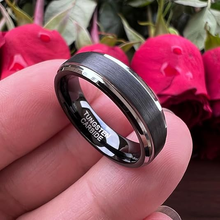 Load image into Gallery viewer, Men&#39;s Wedding Band 6mm Black Brushed Silver Edge Stripe - Rings for Men and Women
