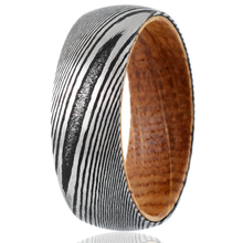 Load image into Gallery viewer, Men&#39;s Black Damascus Steel Wedding Band with Whiskey Barrel Wood Sleeve - Rings for Men and Women
