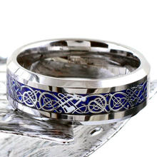 Load image into Gallery viewer, Men&#39;s Wedding Band 6mm Silver on Blue Celtic Dragon Ring for Men and Women
