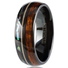 Load image into Gallery viewer, Men&#39;s Wedding Band Ring - Black Koa Wood Abalone Guitar String - Wedding Rings for Men and Women
