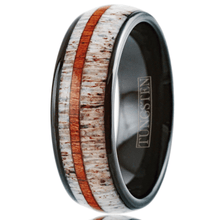 Load image into Gallery viewer, Men&#39;s Wedding Band Ring - Black Deer Antler &amp; Sandalwood Stripe - Wedding Rings for Men &amp; Women
