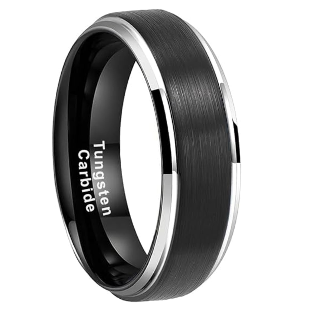 Men's Wedding Band 6mm Black Brushed Silver Edge Stripe - Rings for Men and Women