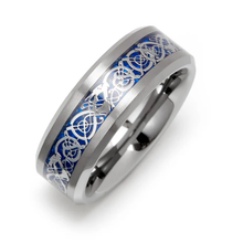 Load image into Gallery viewer, Men&#39;s Wedding Band 6mm Silver on Blue Celtic Dragon Ring for Men and Women
