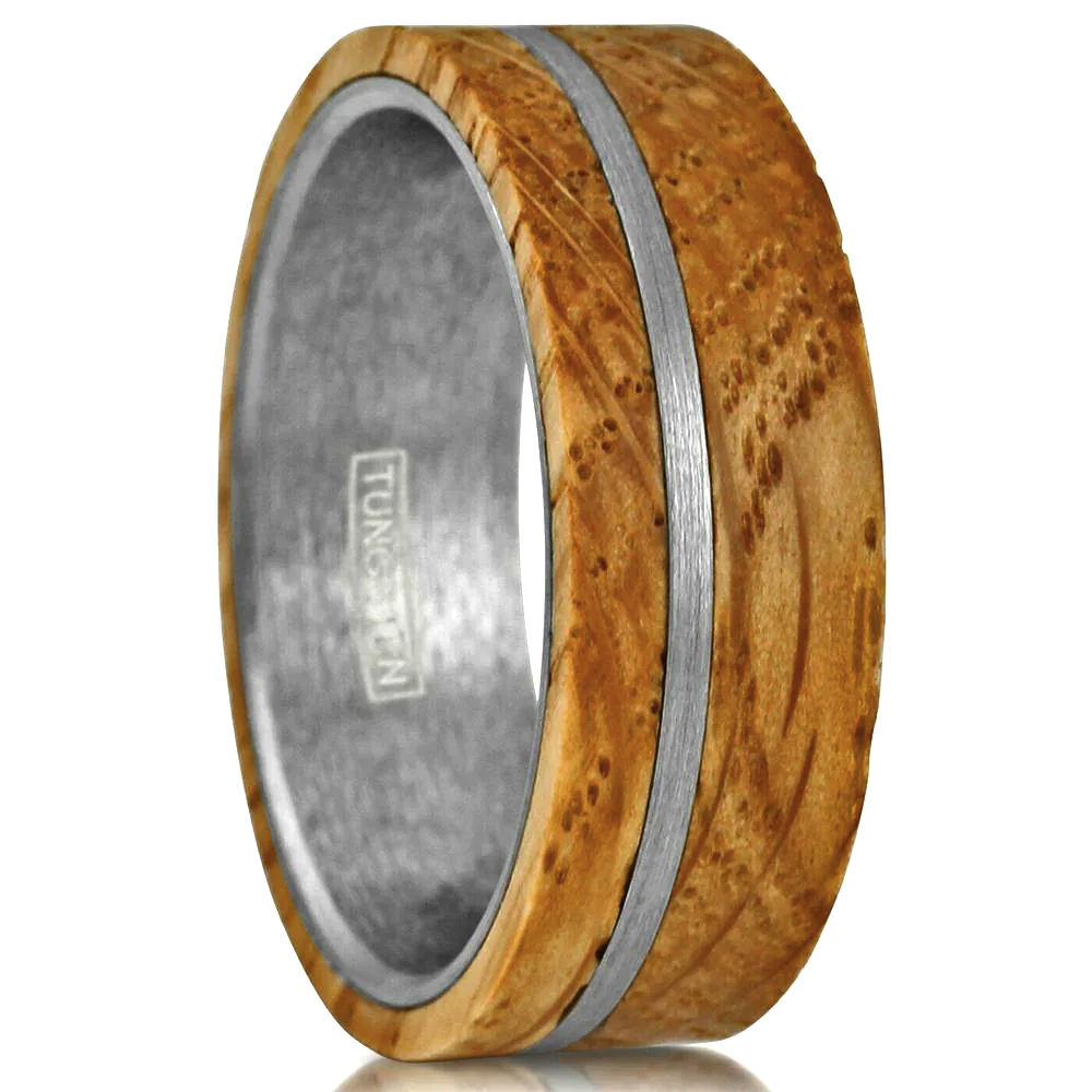 Men's Wedding Band Rings with Whiskey Barrel Wood and Brushed Stripe - Perfect for Weddings and Special Occasions