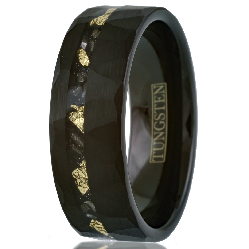 Men's Black Meteorite Wedding Band with Gold Flakes - Unique Rings for Men and Women