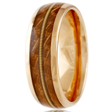 Load image into Gallery viewer, Men&#39;s Wedding Band Rings | Rose Gold Whiskey Barrel Wood Guitar Design | Wedding Rings for Men and Women
