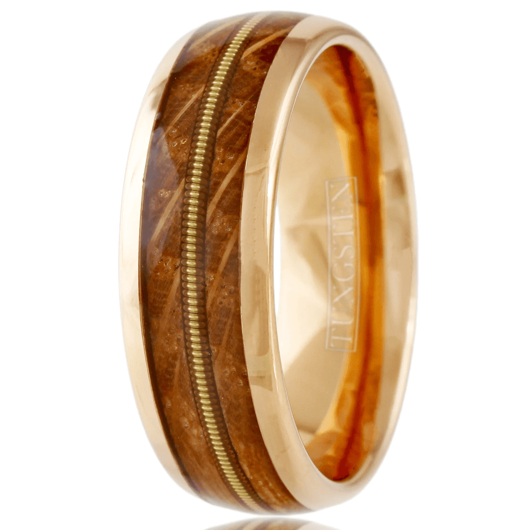 Men's Wedding Band Rings | Rose Gold Whiskey Barrel Wood Guitar Design | Wedding Rings for Men and Women