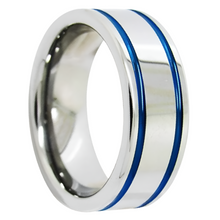 Load image into Gallery viewer, Men&#39;s Wedding Band Ring with Blue Grooved Lines - Perfect for Weddings and Special Occasions
