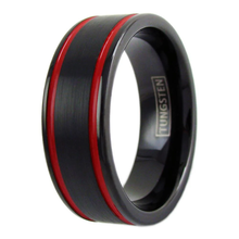 Load image into Gallery viewer, Men&#39;s Wedding Band Rings with Double Red Racing Stripes - Wedding Rings for Men and Women
