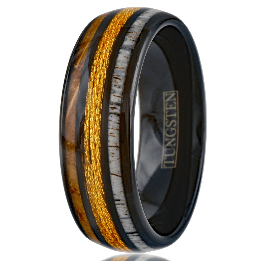 Men's Wedding Band Rings - Black Gold Fishing Line Whiskey Barrel Deer Antler - Wedding Rings for Men and Women