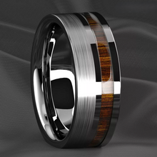 Load image into Gallery viewer, Men&#39;s Wedding Band Rings - Silver Black Off Center Koa Wood - Wedding Rings for Men and Women
