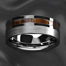 Load image into Gallery viewer, Men&#39;s Wedding Band Rings - Silver Black Off Center Koa Wood - Wedding Rings for Men and Women
